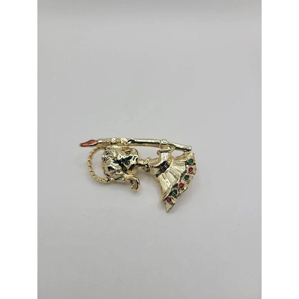 Vintage‎ Christmas Girl Holding Candle Brooch Gold Tone Red Green Rhinestone Pin